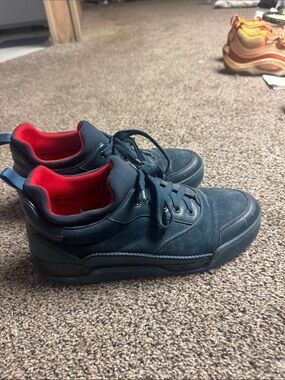 Men's Louboutins Navy Suede Low-Top Sneakers with Red Lining